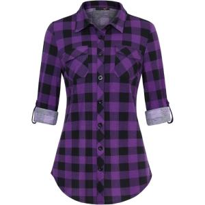 DJT Womens Soft Stretchy Knit Plaid Shirts Roll Up Long Sleeve Collared Button Down Blouses Tops(Purple Black)