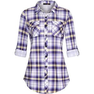 DJT Womens Soft Stretchy Knit Plaid Shirts Roll Up Long Sleeve Collared Button Down Blouses Tops(Purple Plaid)