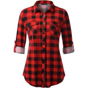 DJT Womens Soft Stretchy Knit Plaid Shirts Roll Up Long Sleeve Collared Button Down Blouses Tops(Red)