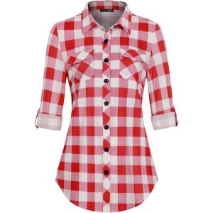 DJT Womens Soft Stretchy Knit Plaid Shirts Roll Up Long Sleeve Collared Button Down Blouses Tops(Red-white)