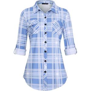 DJT Womens Soft Stretchy Knit Plaid Shirts Roll Up Long Sleeve Collared Button Down Blouses Tops(Sky Blue)