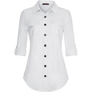 DJT Womens Soft Stretchy Knit Plaid Shirts Roll Up Long Sleeve Collared Button Down Blouses Tops(Solid White)