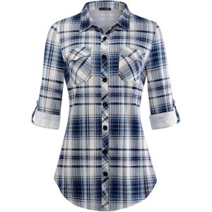 DJT Womens Soft Stretchy Knit Plaid Shirts Roll Up Long Sleeve Collared Button Down Blouses Tops(Upgrade Thicken Fabric-blue Plaid)