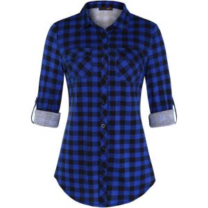 DJT Womens Soft Stretchy Knit Plaid Shirts Roll Up Long Sleeve Collared Button Down Blouses Tops(Vibrant Blue)