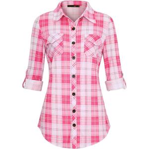 DJT Womens Soft Stretchy Knit Plaid Shirts Roll Up Long Sleeve Collared Button Down Blouses Tops(Vibrant Pink)