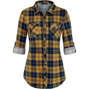 DJT Womens Soft Stretchy Knit Plaid Shirts Roll Up Long Sleeve Collared Button Down Blouses Tops(Yellow Navy Plaid)