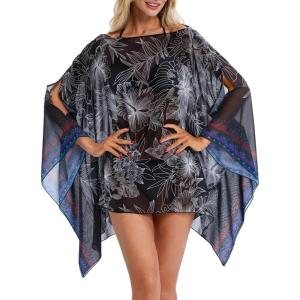 DJT Women’s Summer Beach Bikini Bathing Suit Cover Ups Swimsuit Coverup for Women Chiffon Blouses Tunic Top(Black White Flowers)