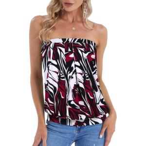 DJT Women’s Tube Tops Strapless Bandeau Tank Strapless Blouse Off The Shoulder Tunic Shirts Summer Casual(Black Red Pattern)