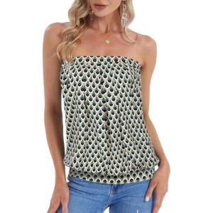 DJT Women’s Tube Tops Strapless Bandeau Tank Strapless Blouse Off The Shoulder Tunic Shirts Summer Casual(Green Apricot Patten)