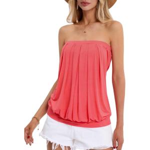 DJT Women’s Tube Tops Strapless Bandeau Tank Strapless Blouse Off The Shoulder Tunic Shirts Summer Casual(Watermelon Red)