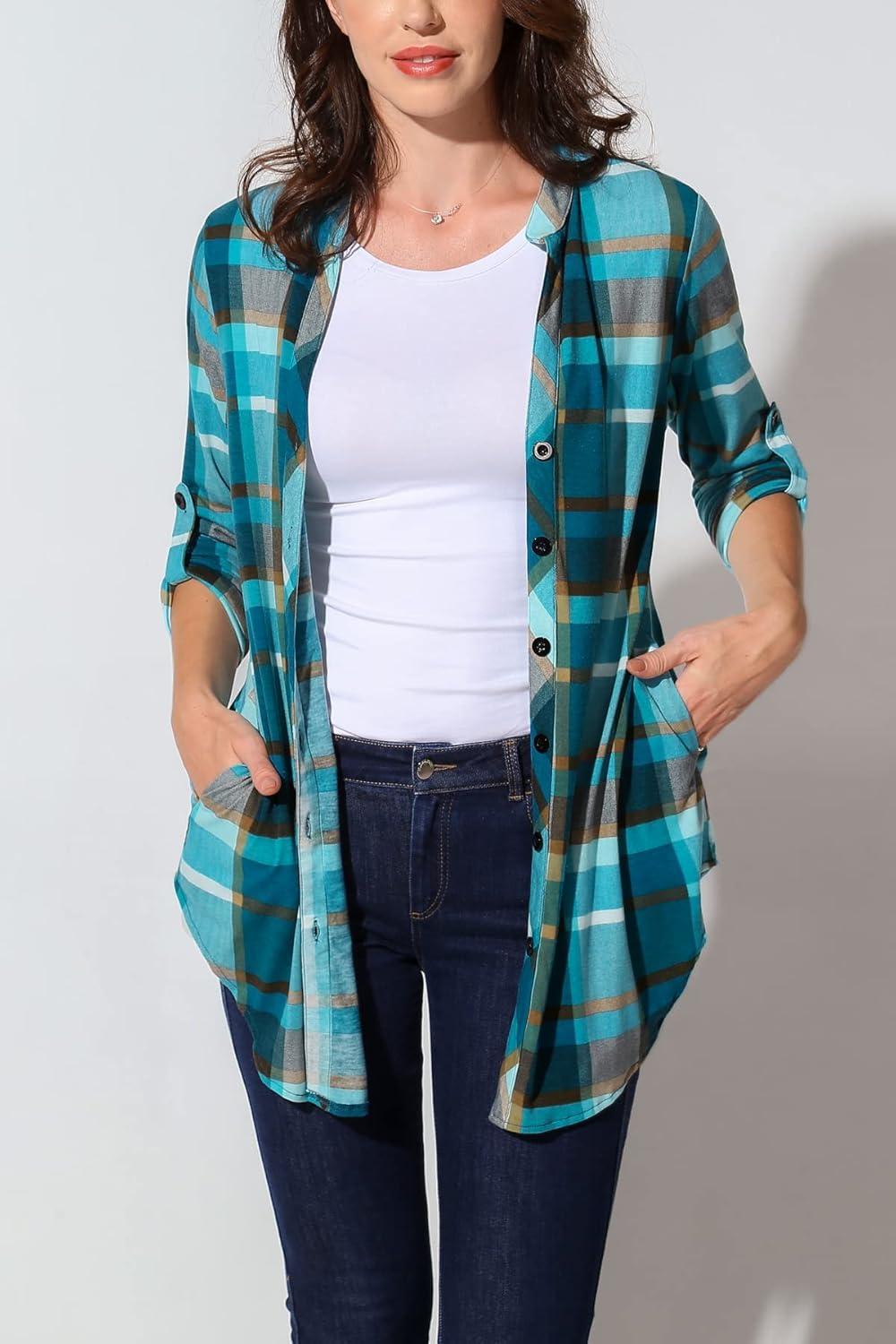 image:imageDJT Womens Soft Knitted Roll Up 34 Sleeve Pockets Casual Button Down Plaid Shirts