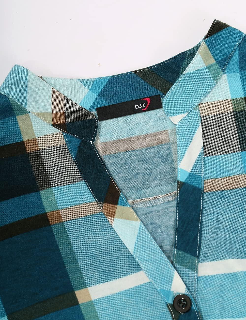 image:imageDJT Womens Soft Knitted Roll Up 34 Sleeve Pockets Casual Button Down Plaid Shirts