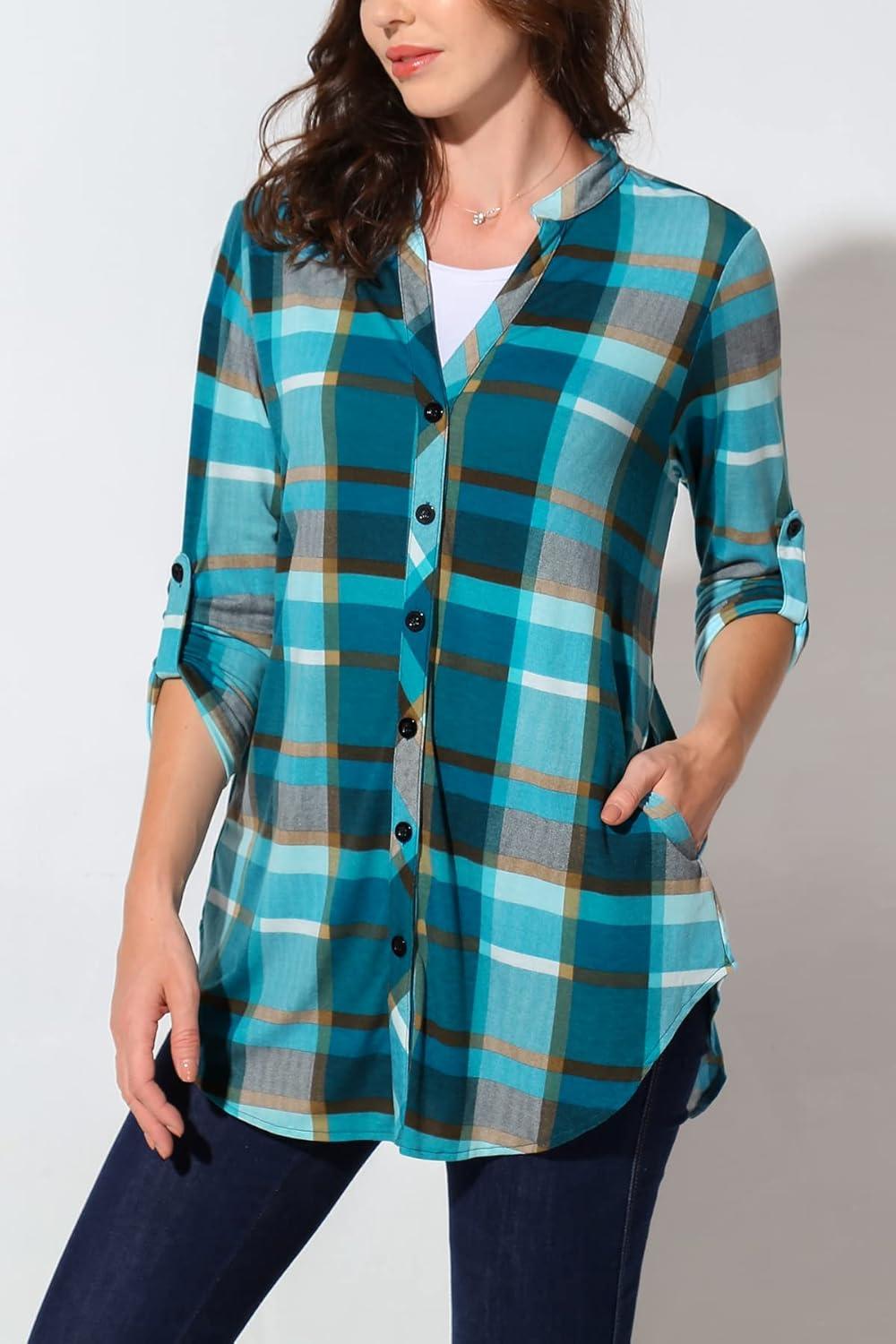 image:imageDJT Womens Soft Knitted Roll Up 34 Sleeve Pockets Casual Button Down Plaid Shirts