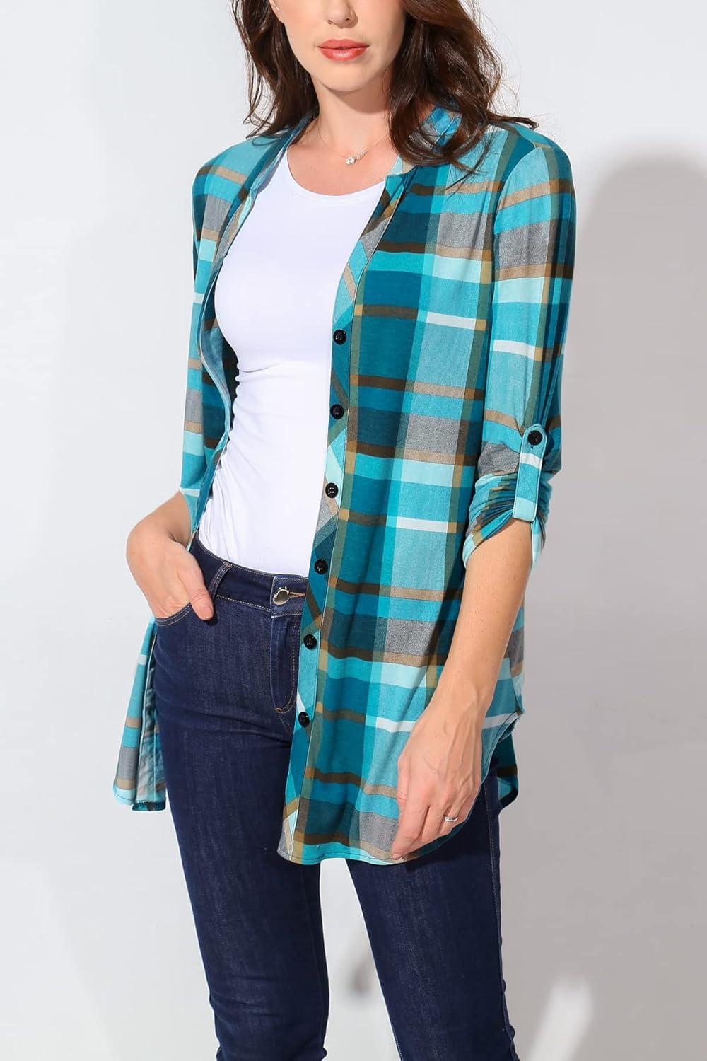 image:imageDJT Womens Soft Knitted Roll Up 34 Sleeve Pockets Casual Button Down Plaid Shirts