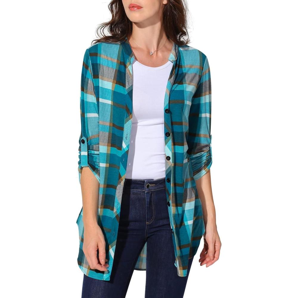 image:imageDJT Womens Soft Knitted Roll Up 34 Sleeve Pockets Casual Button Down Plaid Shirts