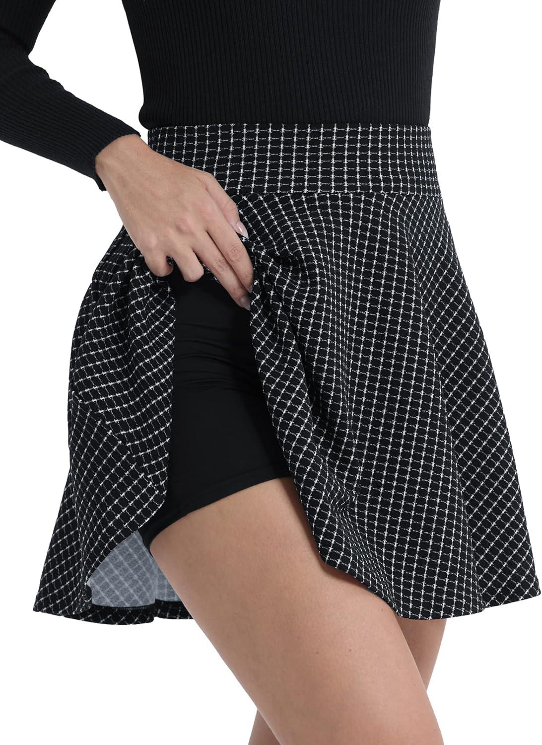 image:imageDJT FASHION Shorts for Women Basic Versatile Skorts Casual Stretchy Flared Skater Golf Tennis Mini Skirts with ShortsBlack Checked
