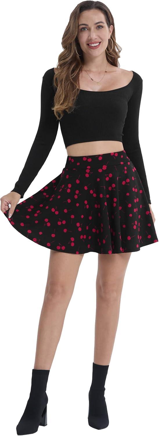 image:imageDJT FASHION Shorts for Women Basic Versatile Skorts Casual Stretchy Flared Skater Golf Tennis Mini Skirts with ShortsCherry Print