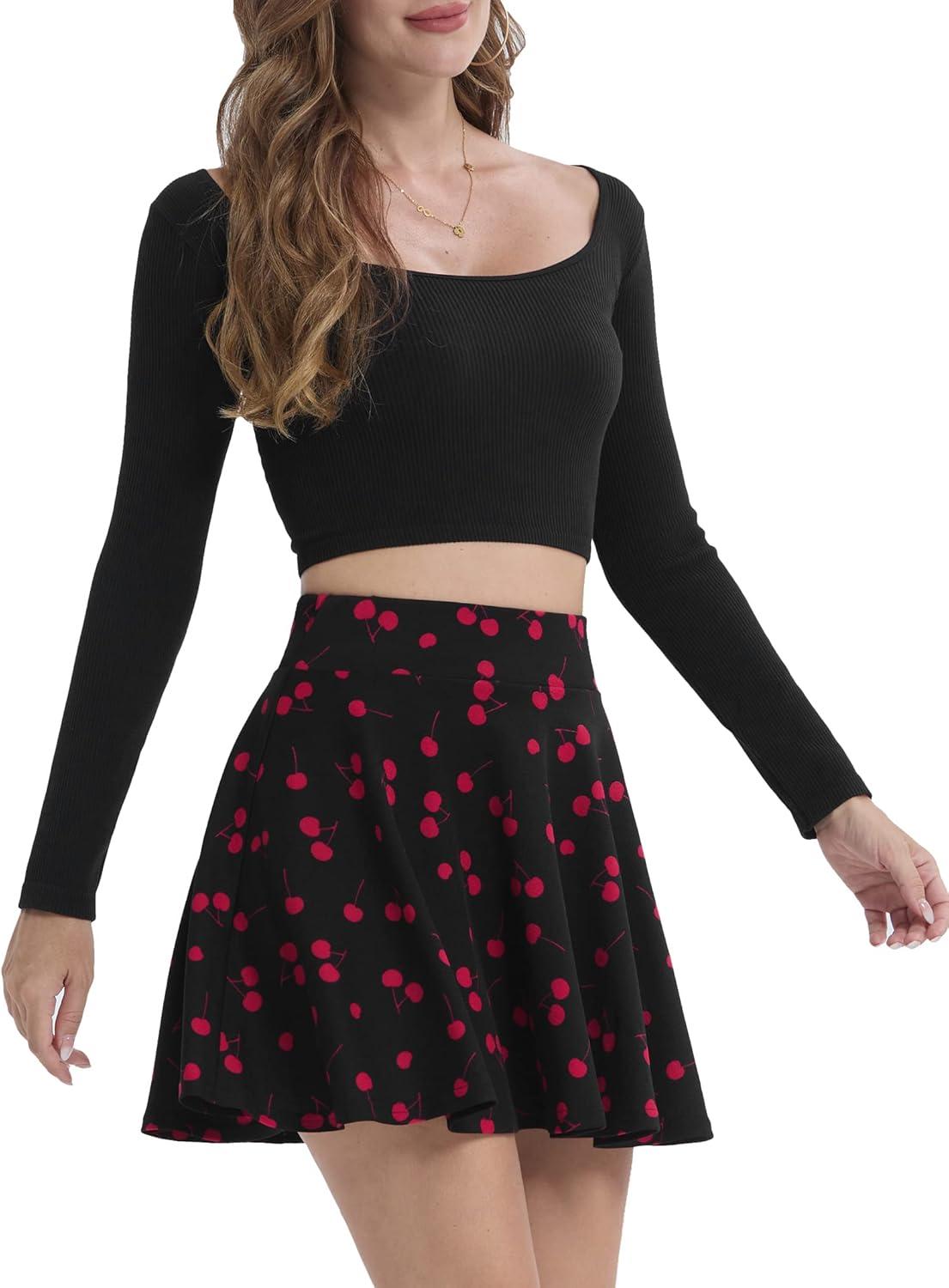 image:imageDJT FASHION Shorts for Women Basic Versatile Skorts Casual Stretchy Flared Skater Golf Tennis Mini Skirts with ShortsCherry Print