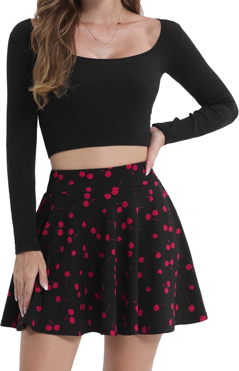 image:imageDJT FASHION Shorts for Women Basic Versatile Skorts Casual Stretchy Flared Skater Golf Tennis Mini Skirts with ShortsCherry Print