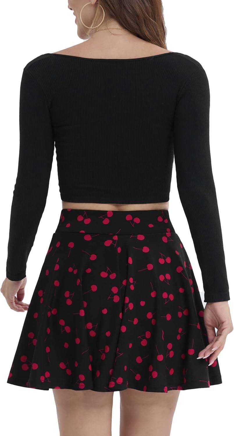 image:imageDJT FASHION Shorts for Women Basic Versatile Skorts Casual Stretchy Flared Skater Golf Tennis Mini Skirts with ShortsCherry Print