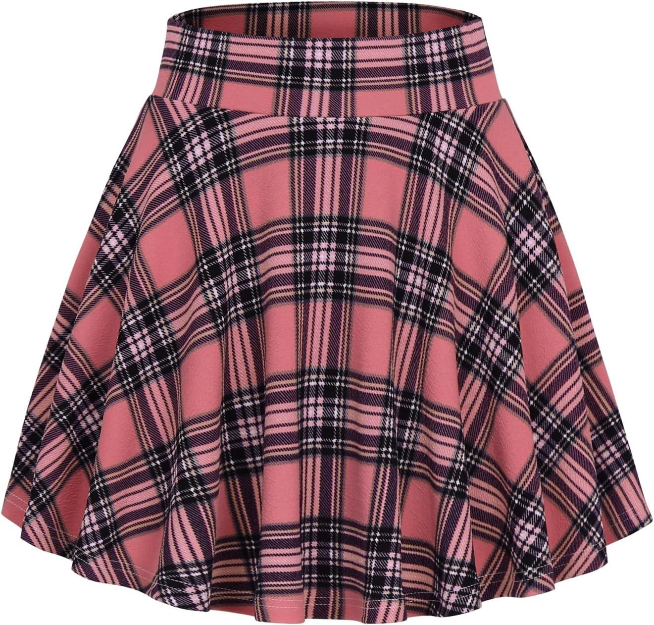 image:imageDJT FASHION Shorts for Women Basic Versatile Skorts Casual Stretchy Flared Skater Golf Tennis Mini Skirts with ShortsCoral Pink Plaid