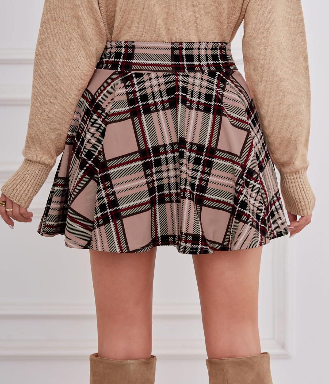 image:imageDJT FASHION Shorts for Women Basic Versatile Skorts Casual Stretchy Flared Skater Golf Tennis Mini Skirts with ShortsPink Plaid