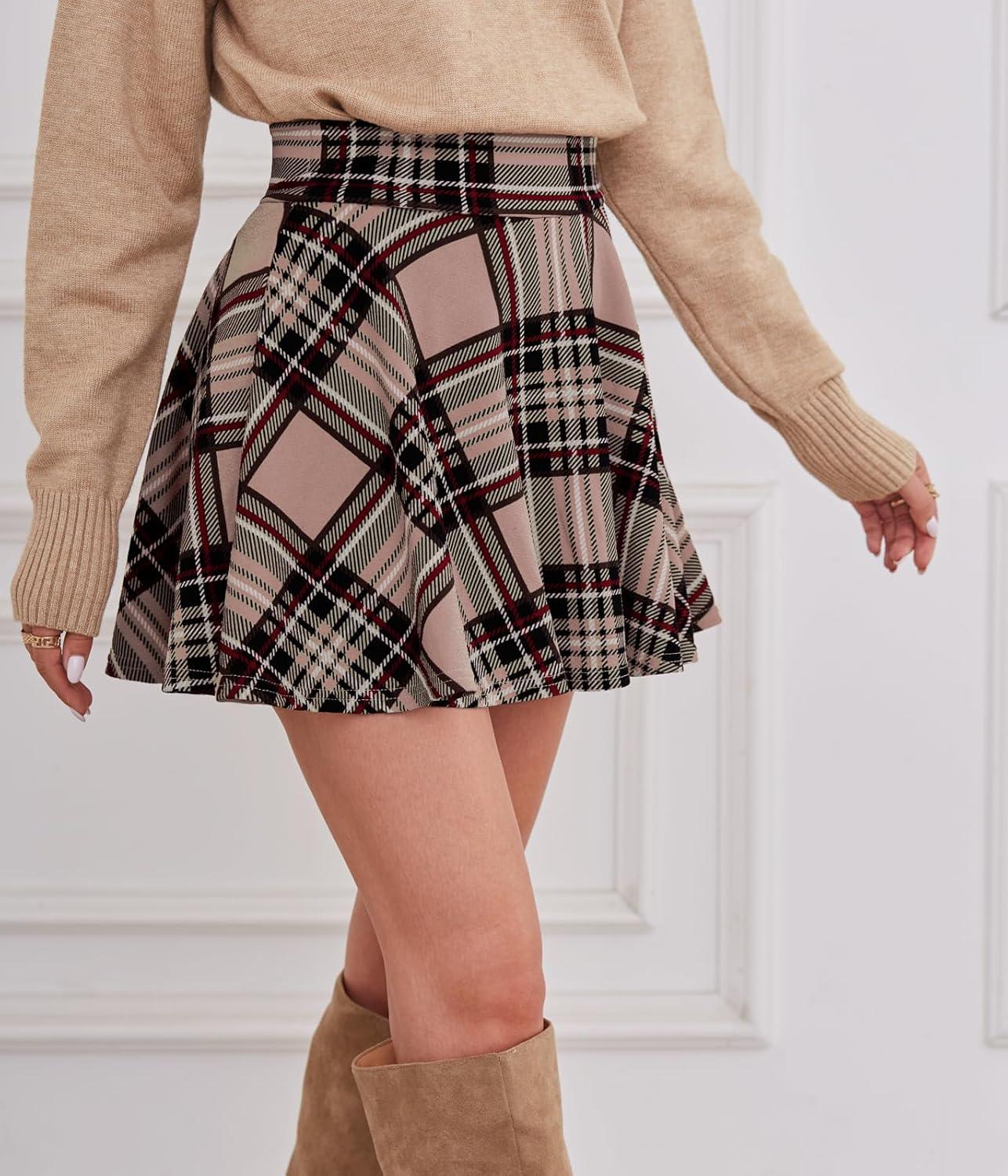 image:imageDJT FASHION Shorts for Women Basic Versatile Skorts Casual Stretchy Flared Skater Golf Tennis Mini Skirts with ShortsPink Plaid