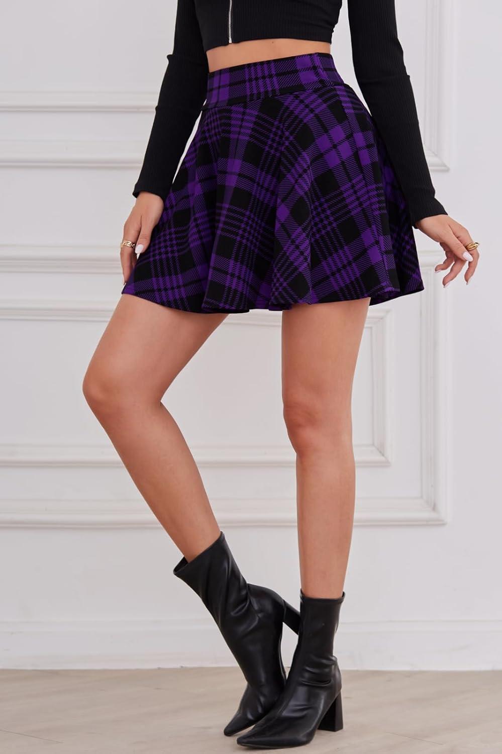 image:imageDJT FASHION Shorts for Women Basic Versatile Skorts Casual Stretchy Flared Skater Golf Tennis Mini Skirts with ShortsPurple Plaid
