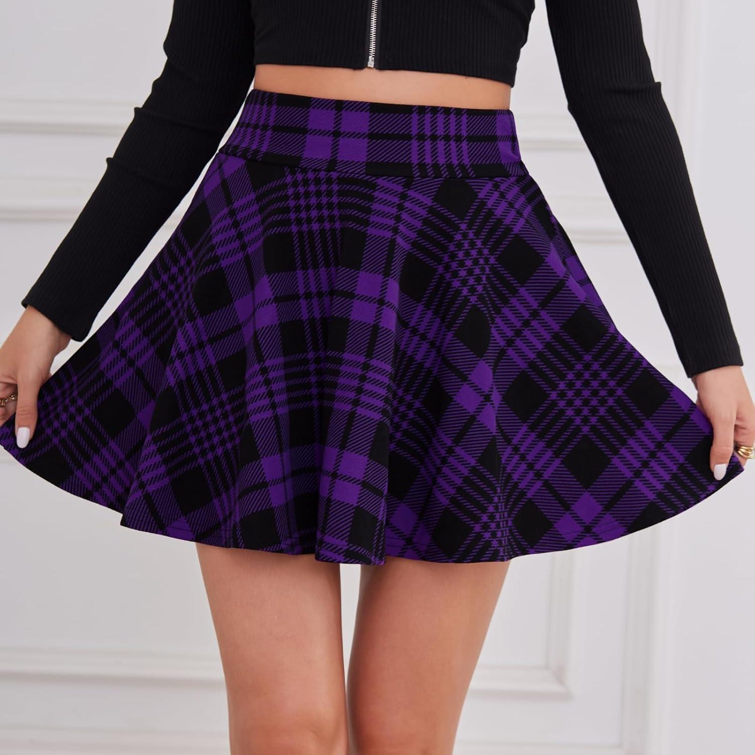 image:imageDJT FASHION Shorts for Women Basic Versatile Skorts Casual Stretchy Flared Skater Golf Tennis Mini Skirts with ShortsPurple Plaid