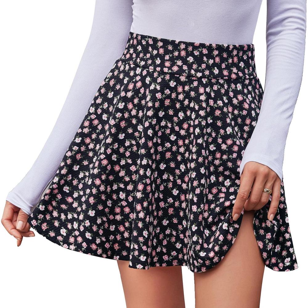 image:imageDJT FASHION Shorts for Women Basic Versatile Skorts Casual Stretchy Flared Skater Golf Tennis Mini Skirts with ShortsBlack Pink Floral