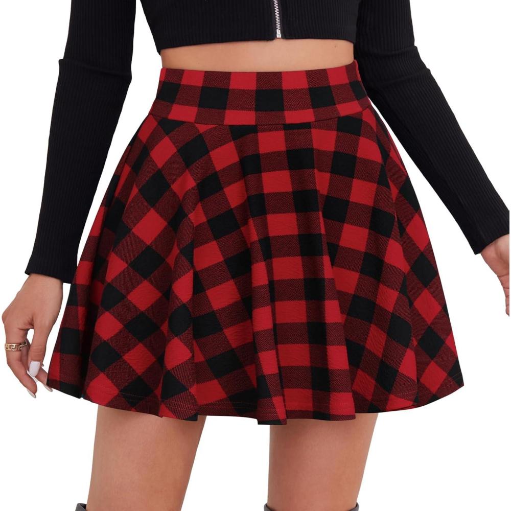 image:imageDJT FASHION Shorts for Women Basic Versatile Skorts Casual Stretchy Flared Skater Golf Tennis Mini Skirts with ShortsBlack Red Plaid