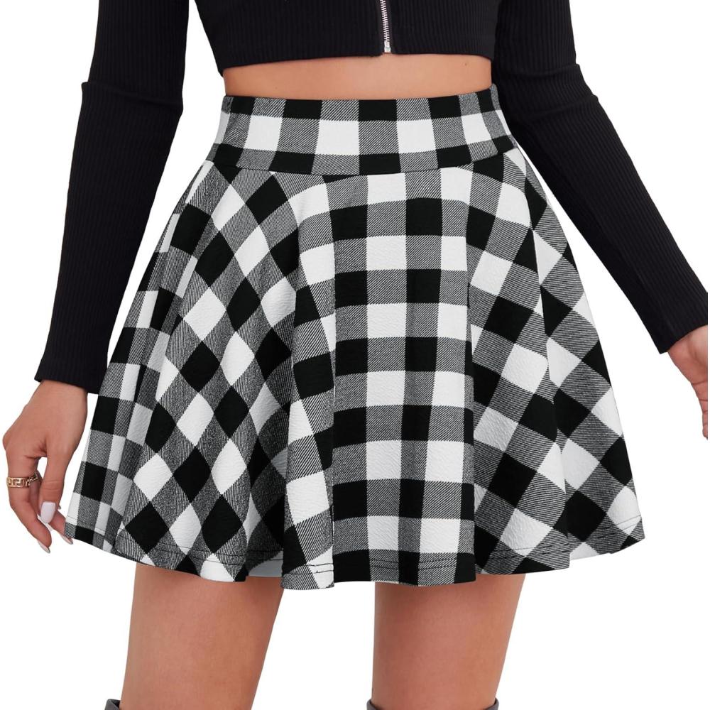 image:imageDJT FASHION Shorts for Women Basic Versatile Skorts Casual Stretchy Flared Skater Golf Tennis Mini Skirts with ShortsBlack White Plaid