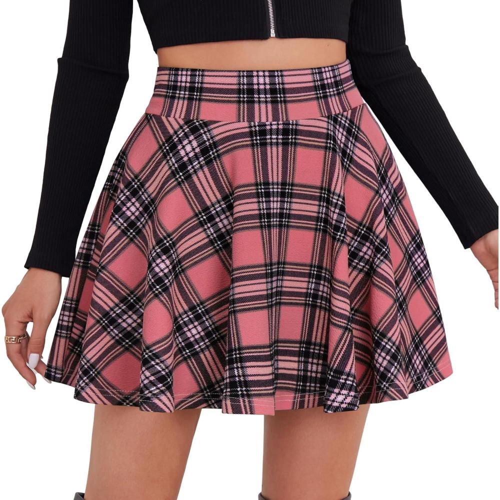 image:imageDJT FASHION Shorts for Women Basic Versatile Skorts Casual Stretchy Flared Skater Golf Tennis Mini Skirts with ShortsCoral Pink Plaid