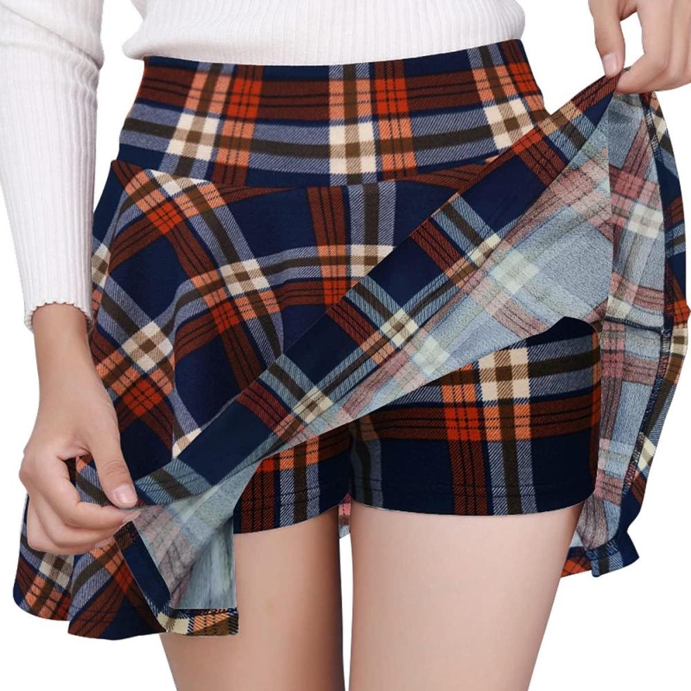 image:imageDJT FASHION Shorts for Women Basic Versatile Skorts Casual Stretchy Flared Skater Golf Tennis Mini Skirts with ShortsNavy Plaid