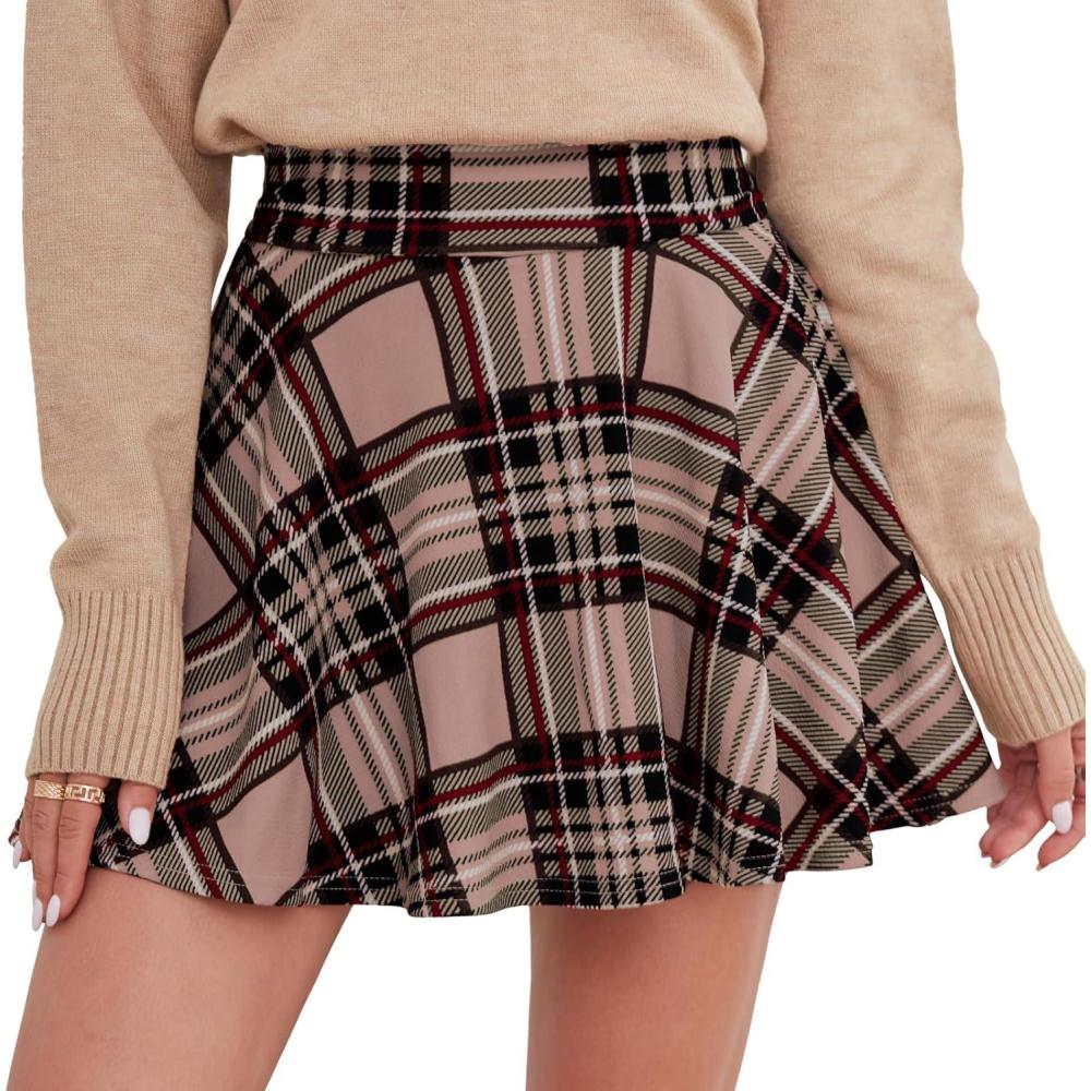 image:imageDJT FASHION Shorts for Women Basic Versatile Skorts Casual Stretchy Flared Skater Golf Tennis Mini Skirts with ShortsPink Plaid