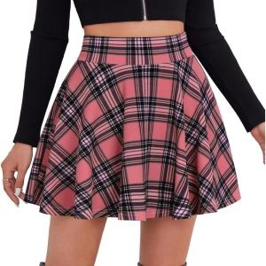 DJT FASHION Shorts for Women Basic Versatile Skorts Casual Stretchy Flared Skater Golf Tennis Mini Skirts with Shorts(Coral Pink Plaid)