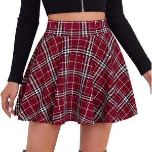 DJT FASHION Shorts for Women Basic Versatile Skorts Casual Stretchy Flared Skater Golf Tennis Mini Skirts with Shorts(Wine Plaid)