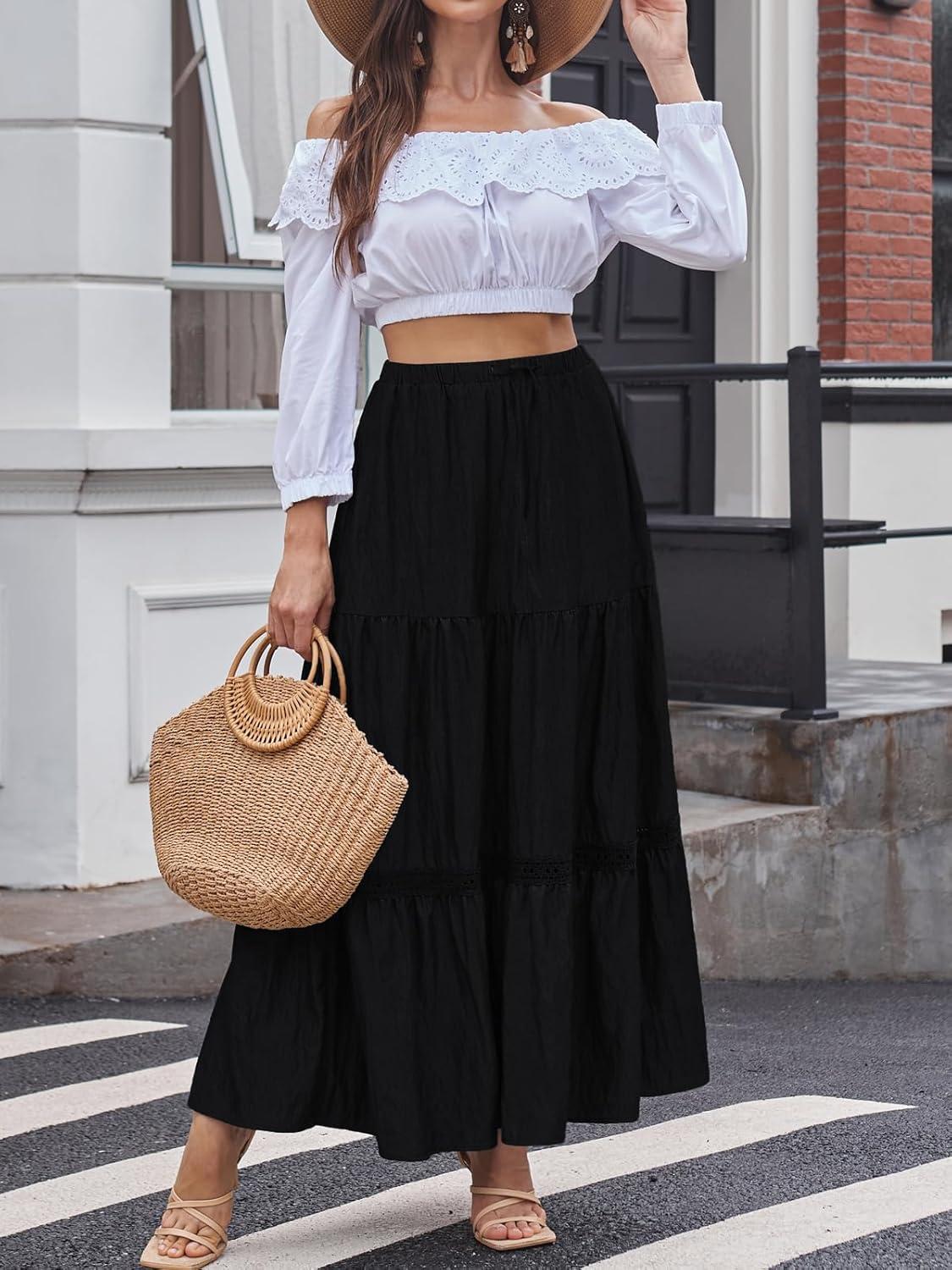 image:imageDJT Womens Boho Elegant Lace Trim Swing Tiered Maxi Skirt High Waisted Tie A Line Flowy Long Skirts with PocketsBlack