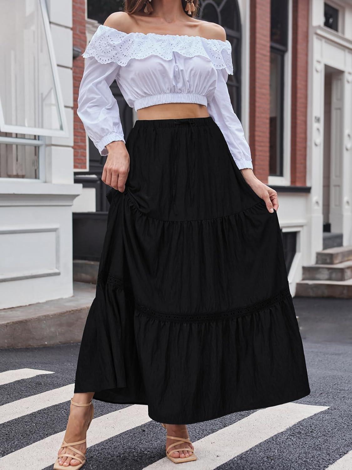 image:imageDJT Womens Boho Elegant Lace Trim Swing Tiered Maxi Skirt High Waisted Tie A Line Flowy Long Skirts with PocketsBlack