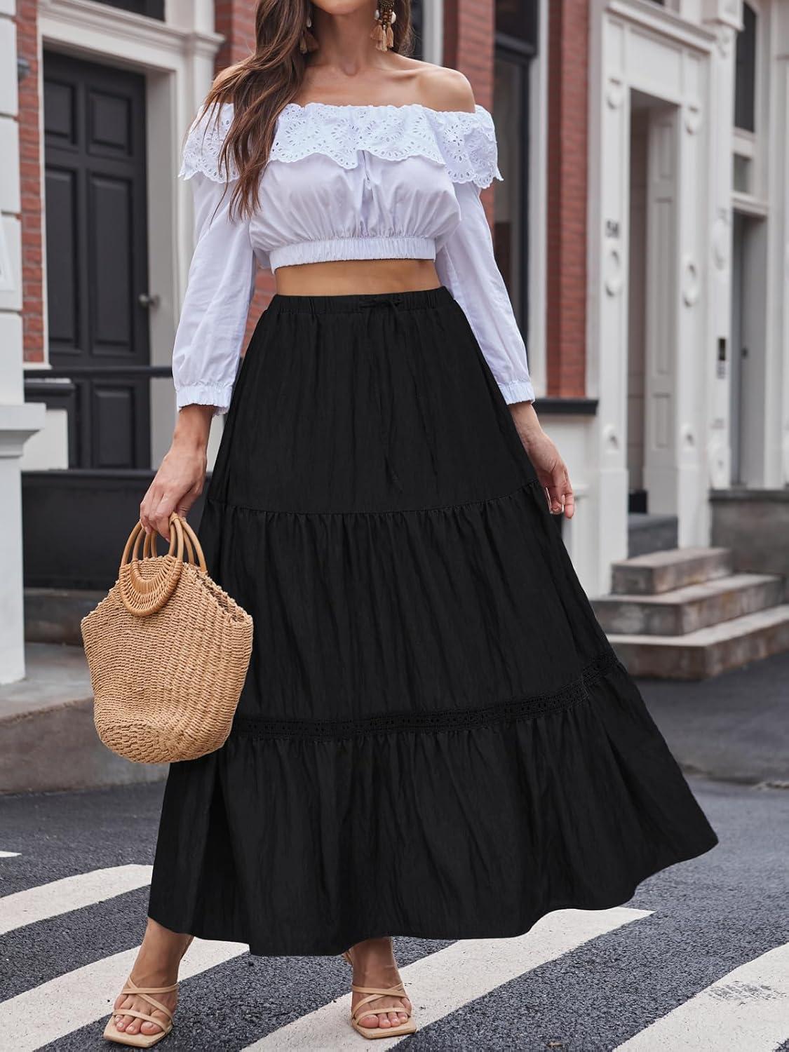 image:imageDJT Womens Boho Elegant Lace Trim Swing Tiered Maxi Skirt High Waisted Tie A Line Flowy Long Skirts with PocketsBlack