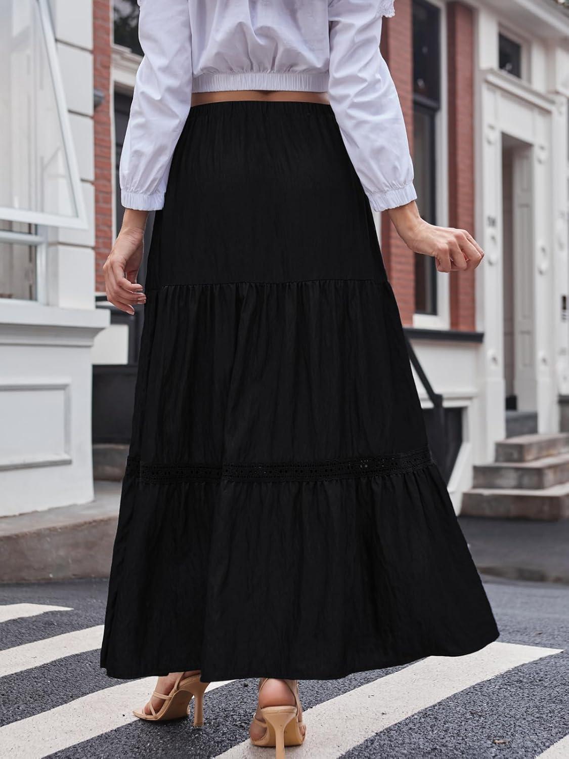 image:imageDJT Womens Boho Elegant Lace Trim Swing Tiered Maxi Skirt High Waisted Tie A Line Flowy Long Skirts with PocketsBlack