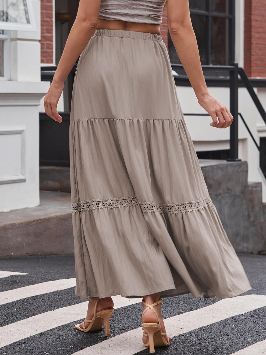 image:imageDJT Womens Boho Elegant Lace Trim Swing Tiered Maxi Skirt High Waisted Tie A Line Flowy Long Skirts with PocketsCoffee Grey