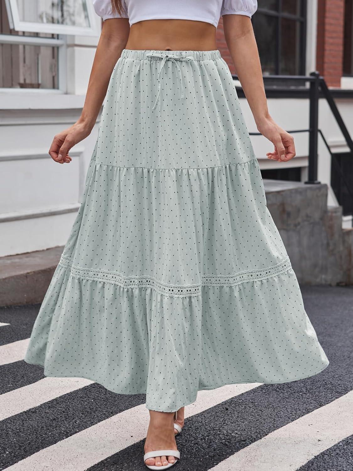 image:imageDJT Womens Boho Elegant Lace Trim Swing Tiered Maxi Skirt High Waisted Tie A Line Flowy Long Skirts with PocketsLight Blue Dots