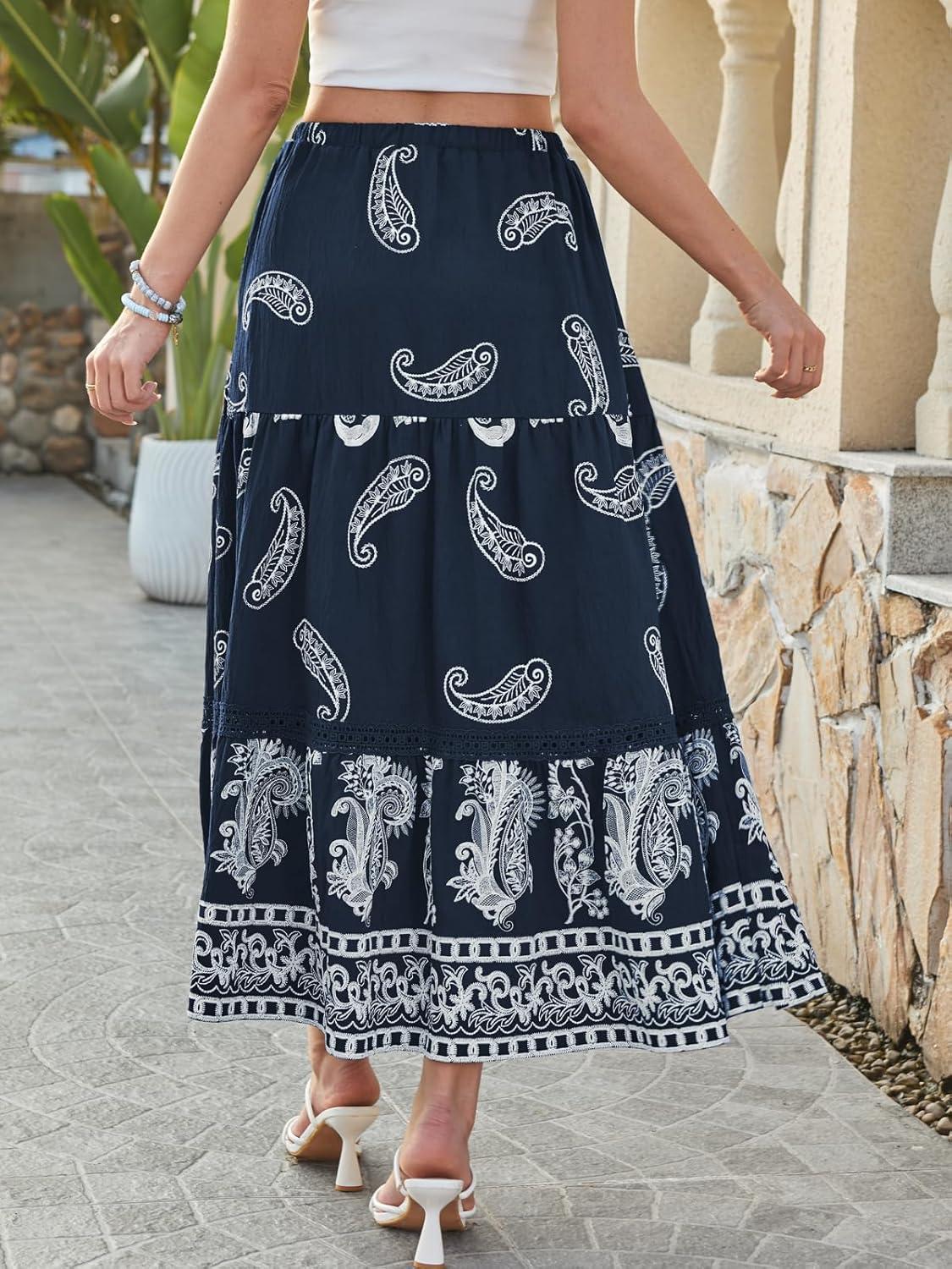 image:imageDJT Womens Boho Elegant Lace Trim Swing Tiered Maxi Skirt High Waisted Tie A Line Flowy Long Skirts with PocketsNavy Paisley