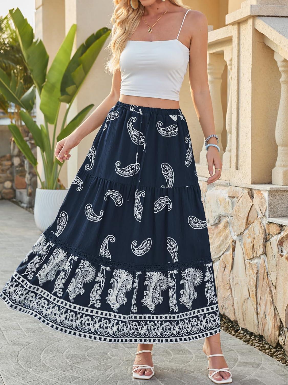 image:imageDJT Womens Boho Elegant Lace Trim Swing Tiered Maxi Skirt High Waisted Tie A Line Flowy Long Skirts with PocketsNavy Paisley