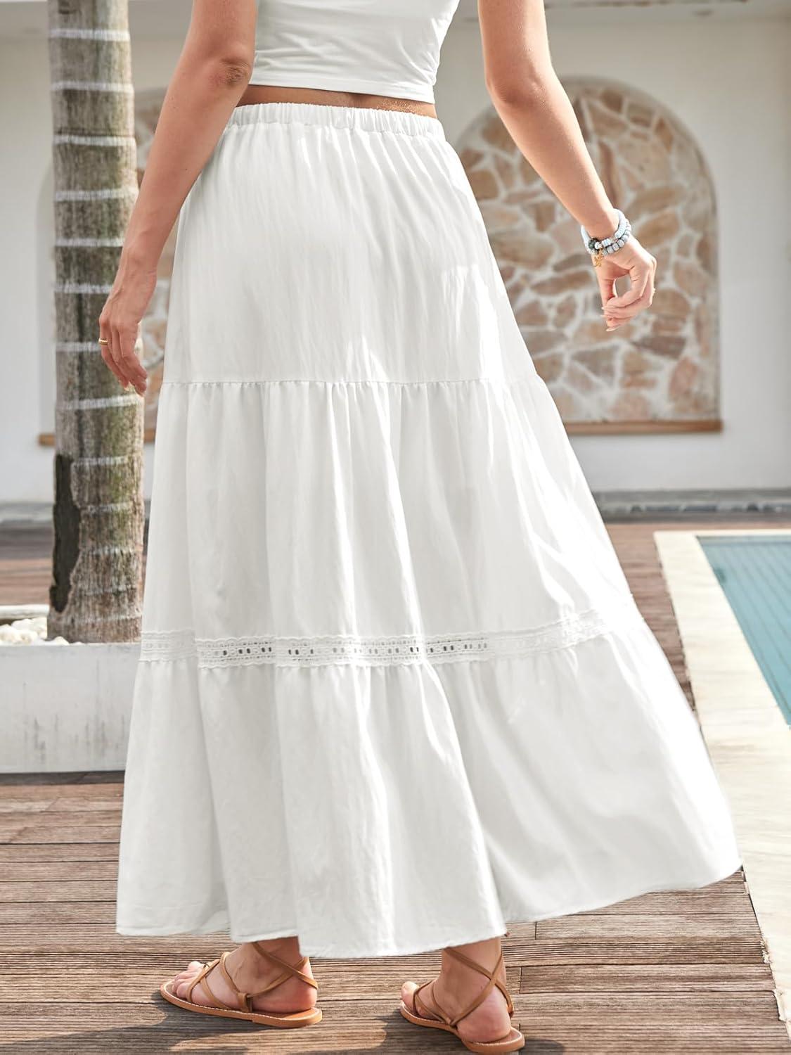 image:imageDJT Womens Boho Elegant Lace Trim Swing Tiered Maxi Skirt High Waisted Tie A Line Flowy Long Skirts with PocketsWhite