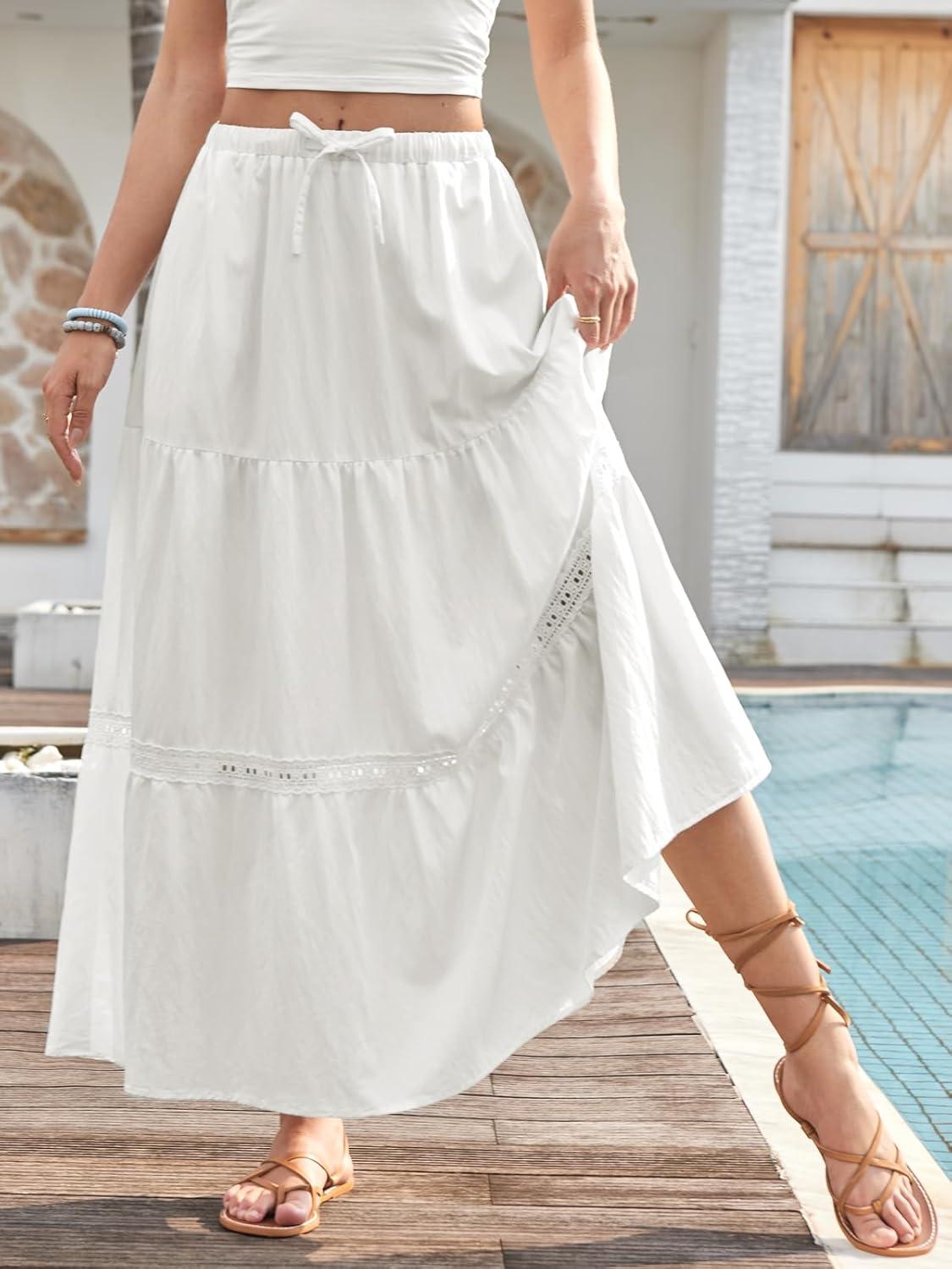 image:imageDJT Womens Boho Elegant Lace Trim Swing Tiered Maxi Skirt High Waisted Tie A Line Flowy Long Skirts with PocketsWhite