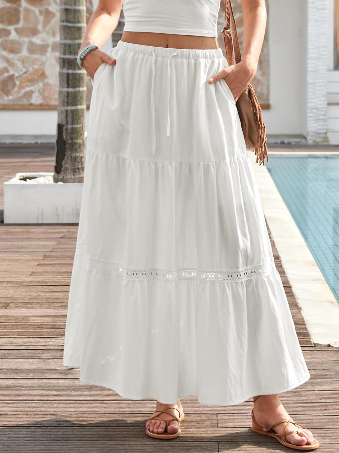 image:imageDJT Womens Boho Elegant Lace Trim Swing Tiered Maxi Skirt High Waisted Tie A Line Flowy Long Skirts with PocketsWhite