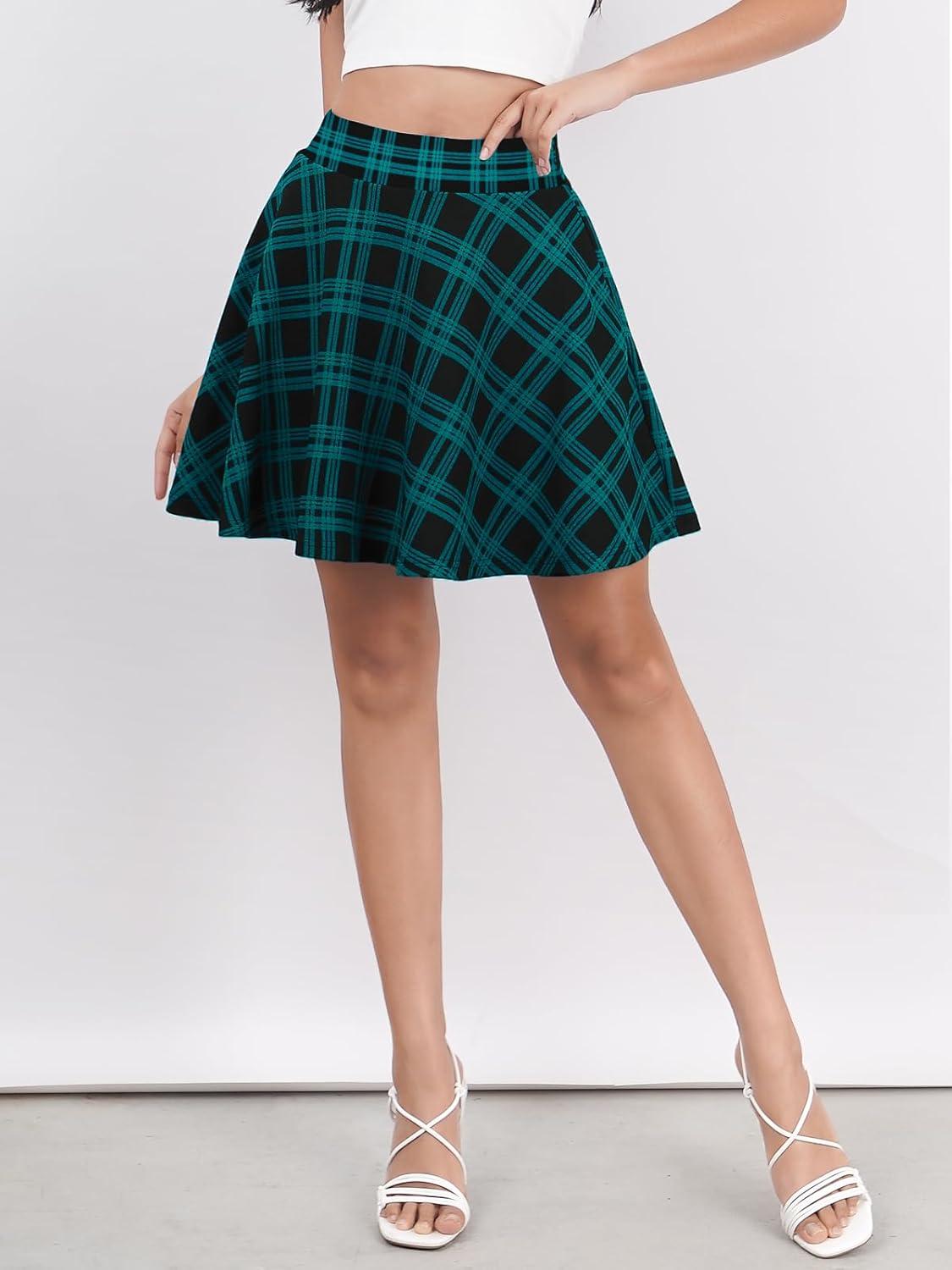 image:imageDJT Womens Flared Mini Skater Skirt with Pockets Versatile High Waist Casual SkirtsTeal Plaid