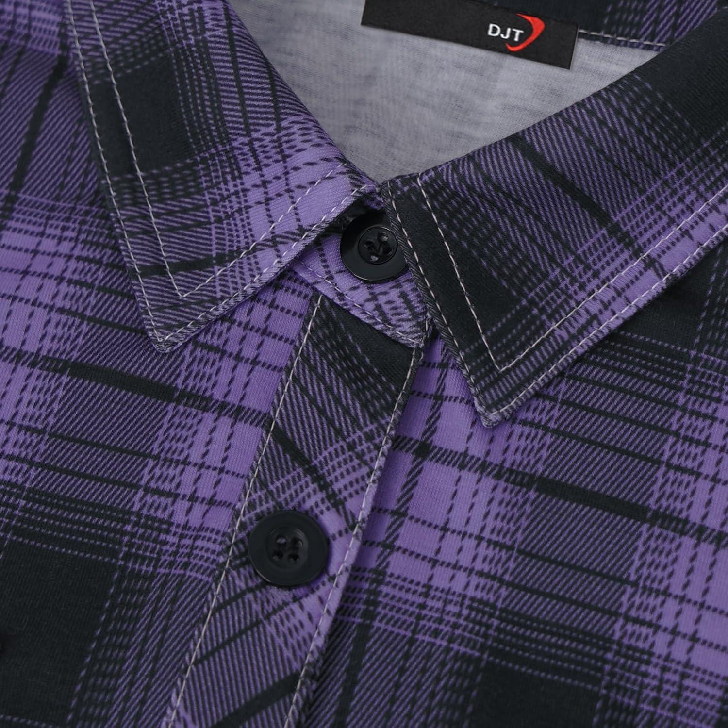 image:imageDJT Womens Soft Stretchy Knit Plaid Shirts Roll Up Long Sleeve Collared Button Down Blouses TopsPurpleblack